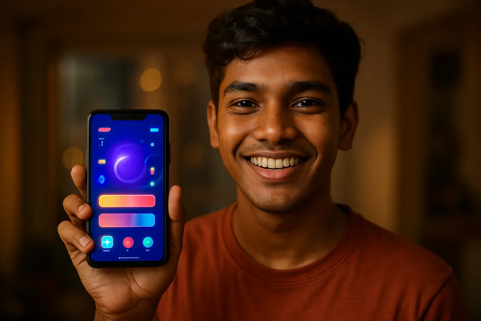 Smiling young Bangladeshi man holding smartphone with colorful gaming app interface