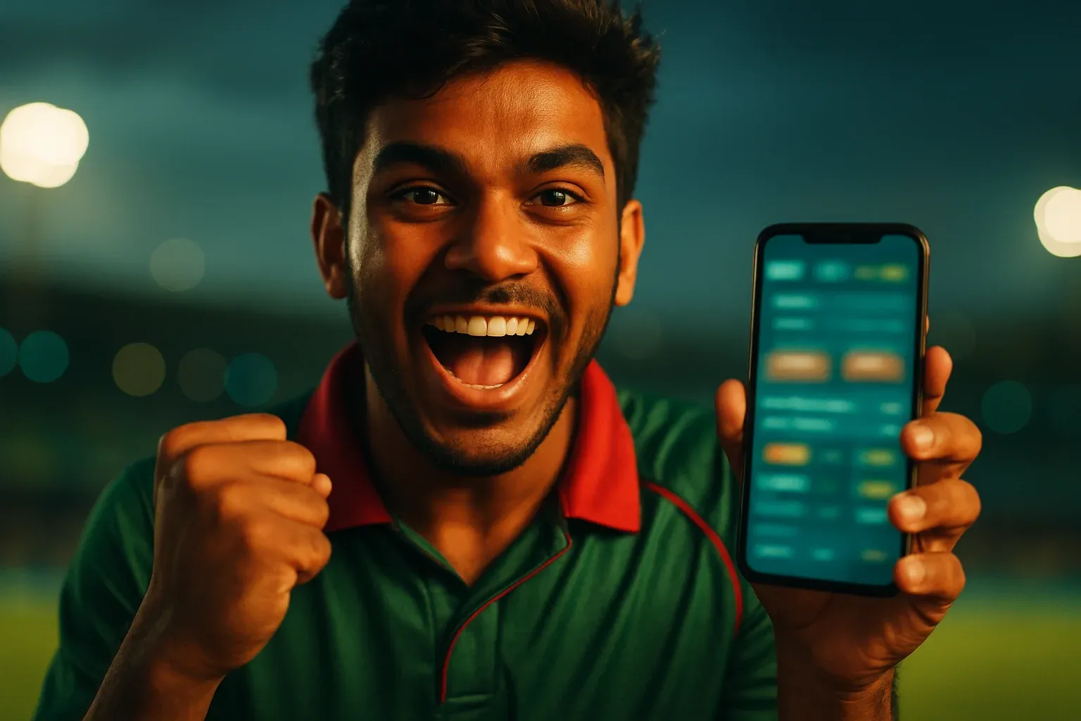 Excited young Bangladeshi man holding smartphone with glowing sports betting interface