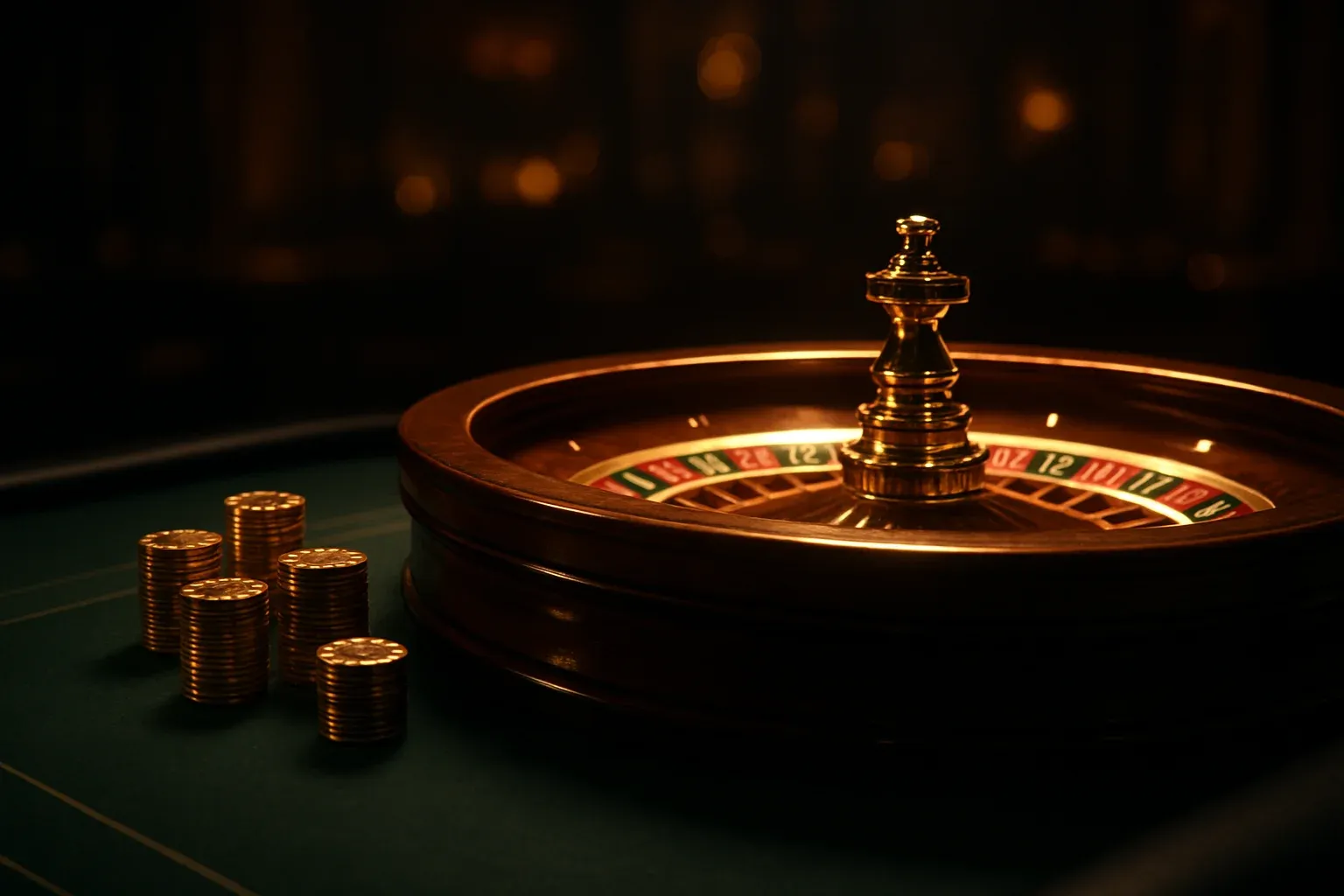 Elegant live casino table with glowing roulette wheel and golden chips