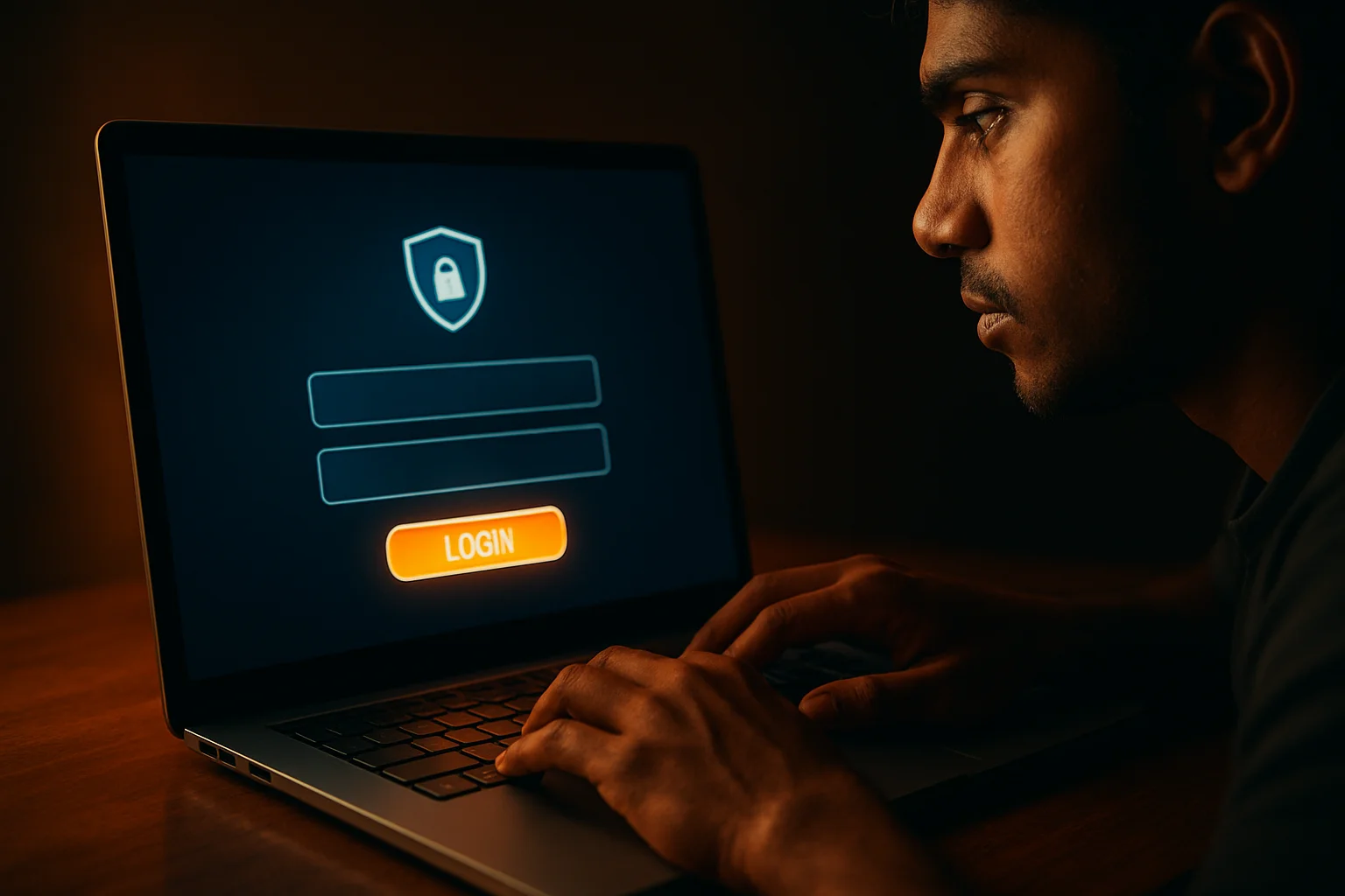 Young Bangladeshi man's hands on laptop showing stylized login form