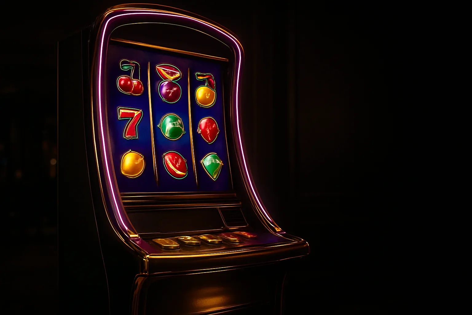 Premium slot machine with three vertical reels in a dark luxury casino